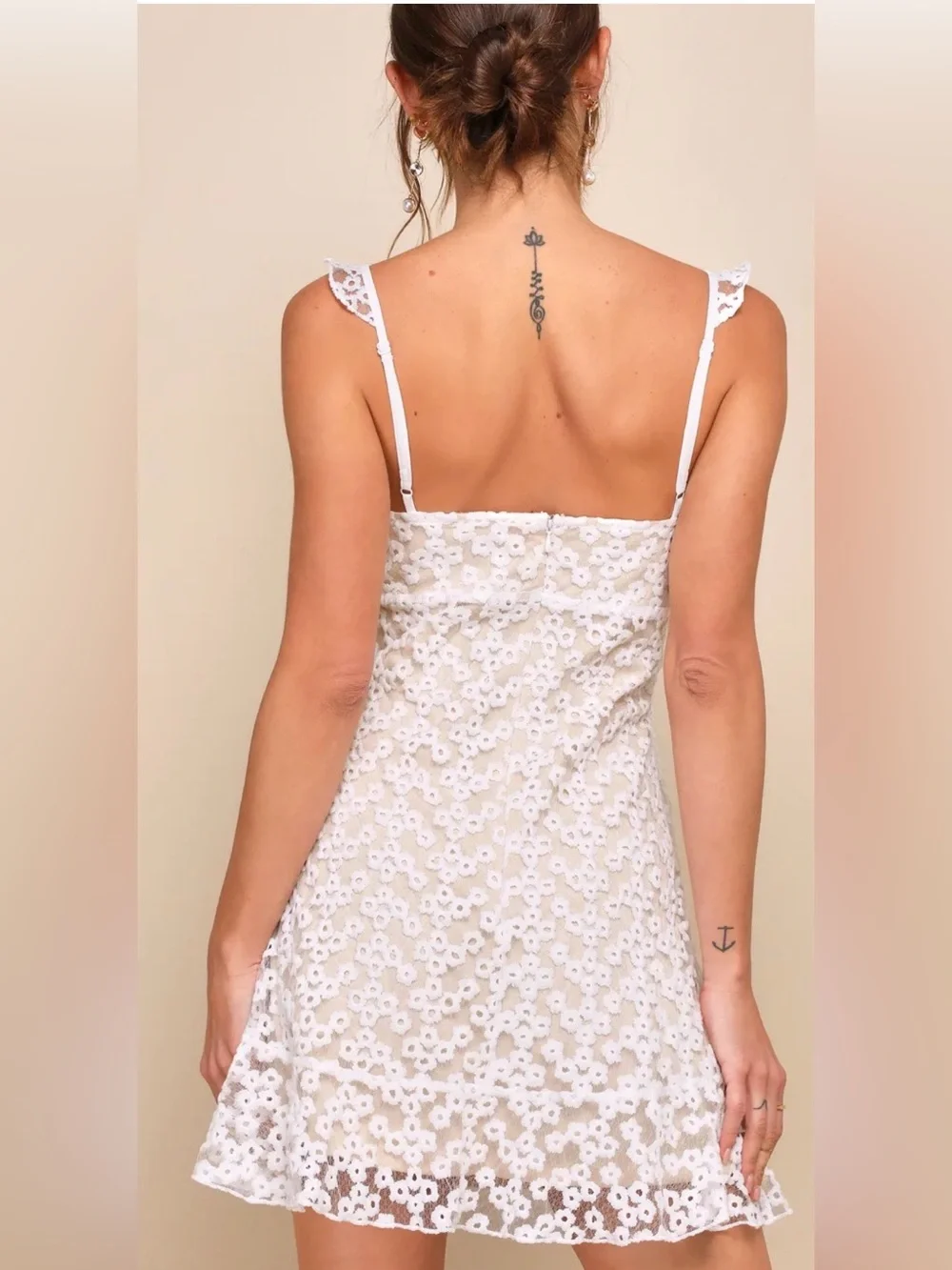 Lulus white nude embroidered mini dress ruffle S - Picture 3 of 10